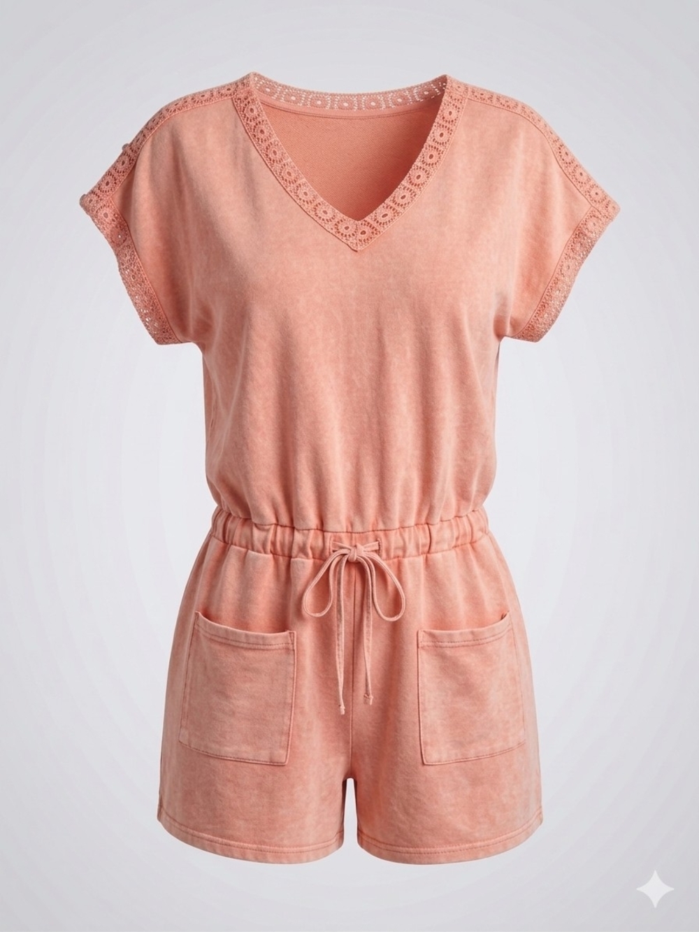 easel Peach Crochet-Trim V-Neck Drawstring Romper